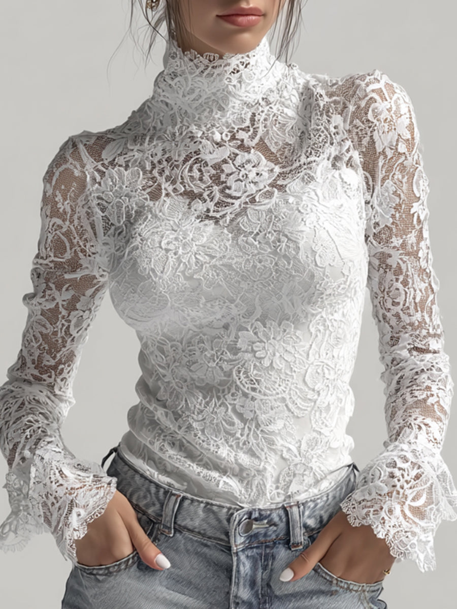 Ursiime White Sheer Lace High Neck Flare Sleeves Top & Camisole 2Pcs Set