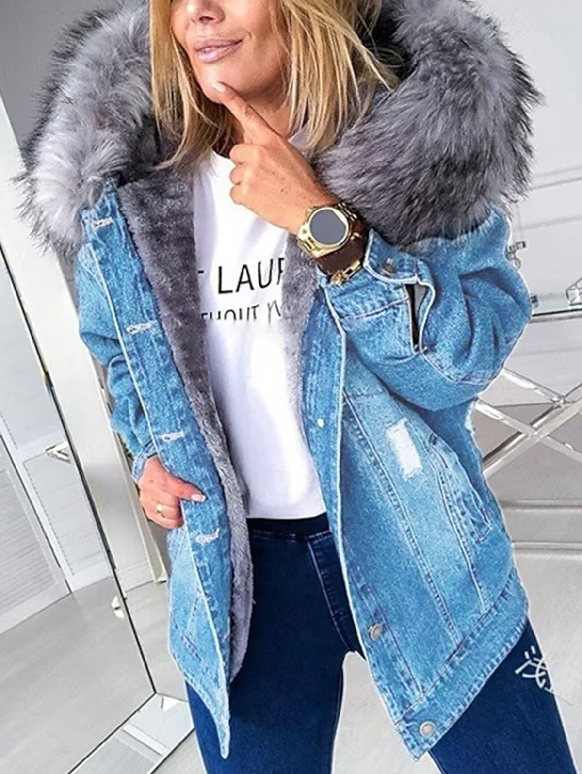 Plush Long Sleeve Single Breasted Pockets Denim Coat