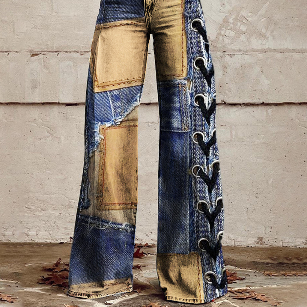 Ursiime Patchwork Allover Pattern High Rise Wide Leg Pants