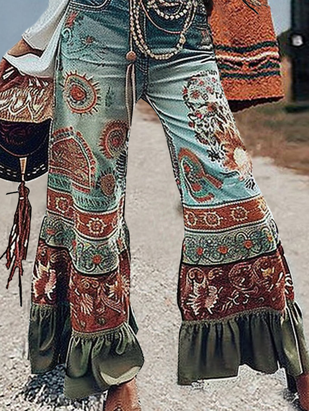 Ursiime Boho Print Ruffle Hem Flare Pants