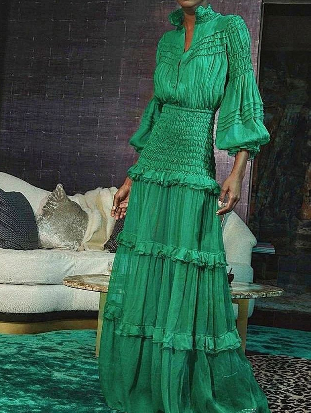 Stand Collar Lantern Sleeve Ruffle Tiered Maxi Dress