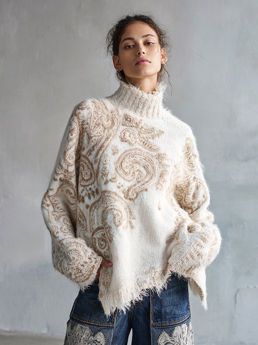 Ursiime Casual Beige High Neck Paisley Pattern Long Sleeve Raw Edge Sweater