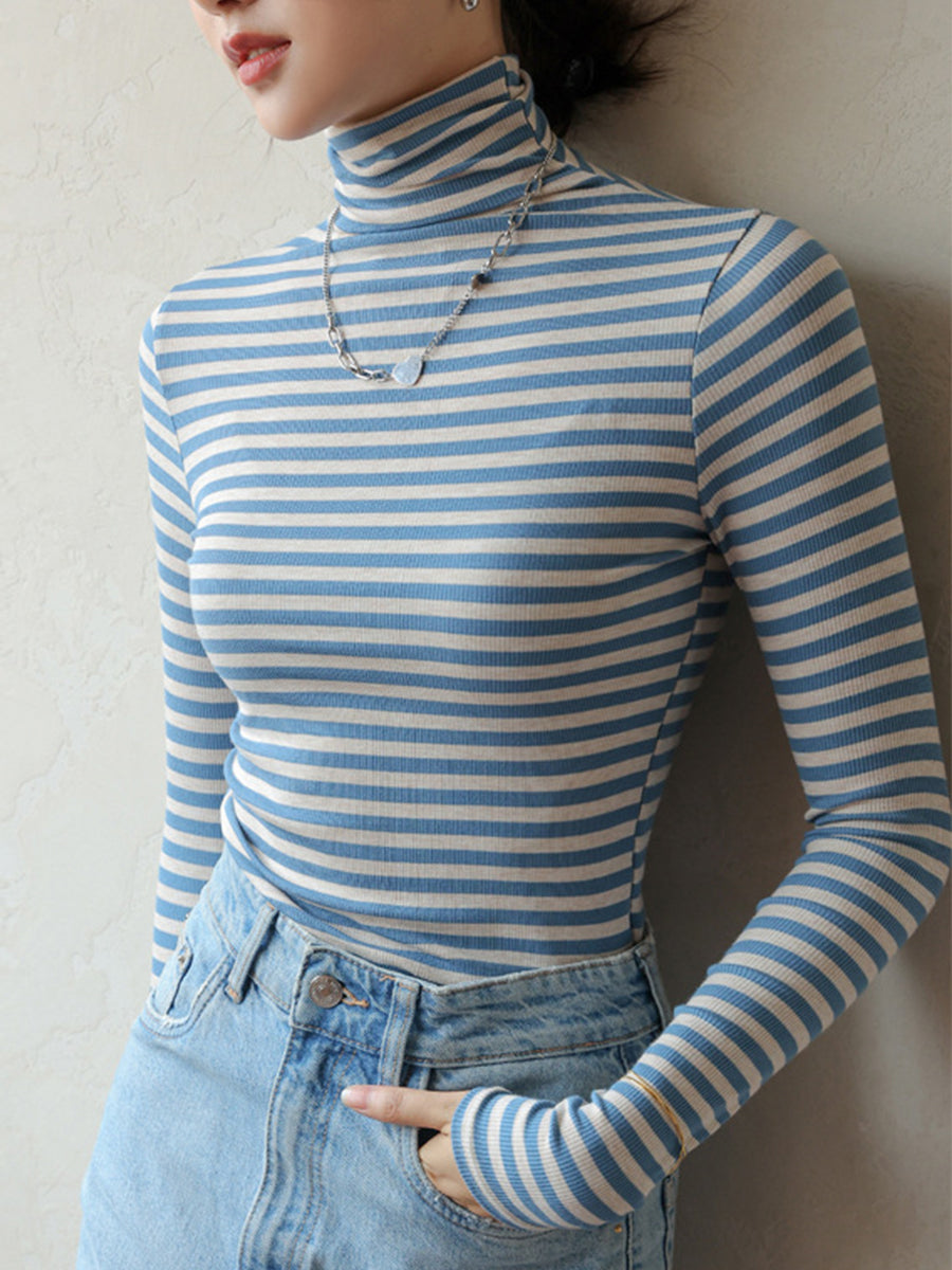 Casual Striped Turtleneck Long Sleeve Ribbed Knit Top