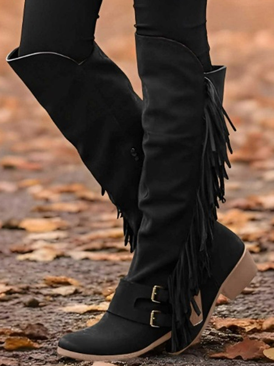 Western Brown Suede Double Buckle Straps Fringe Over-The-Knee Boots
