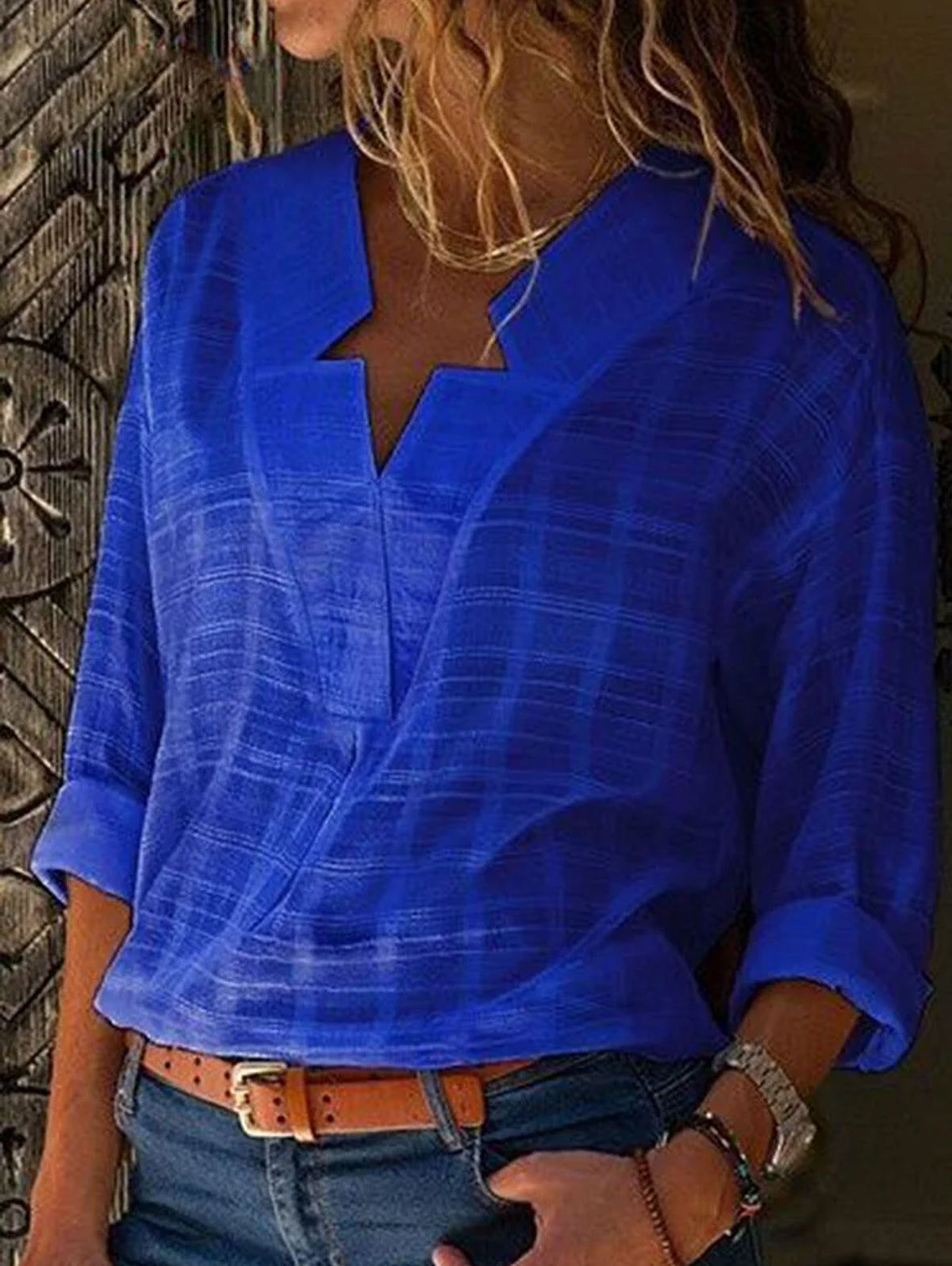 V Neck Long Sleeve Solid Color Shirts