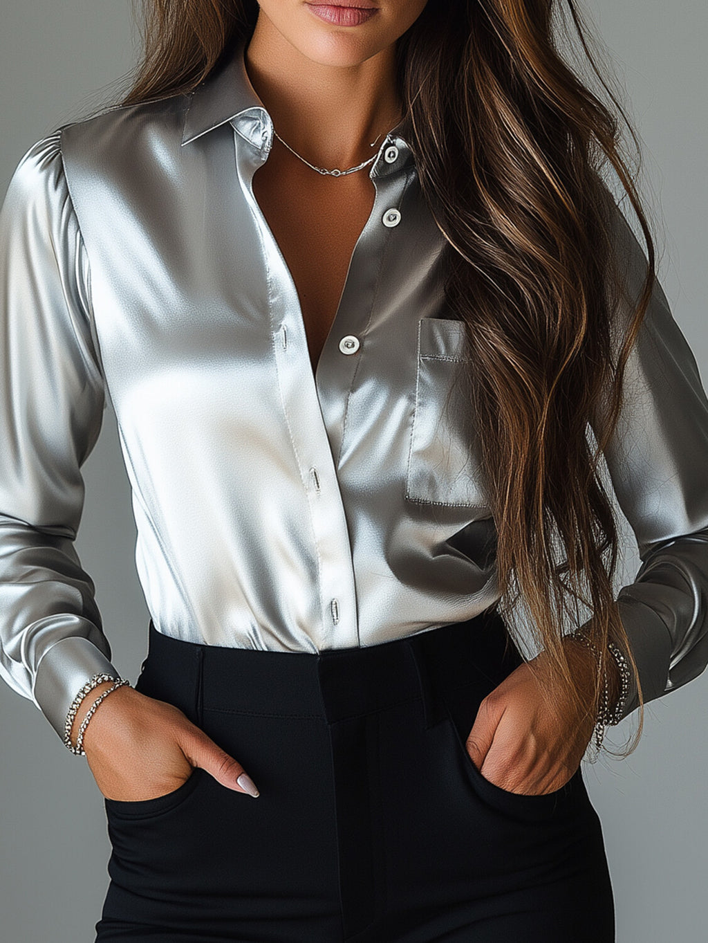 Ursiime Satin Shirt Collar Button Long Sleeve Chest Pocket Blouse