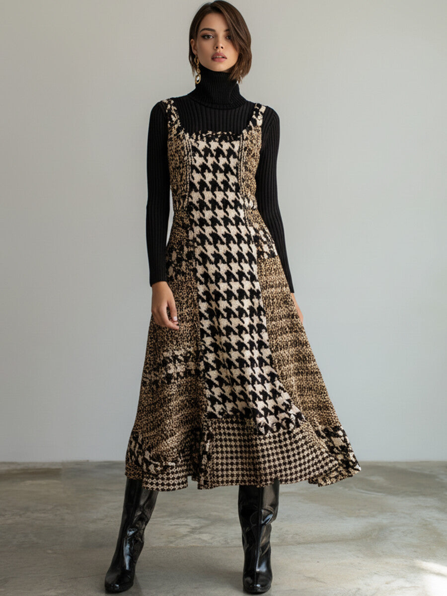 Ursiime Daily Khaki Houndstooth Round Neck Casual Midi Dresses [Pre-Order]